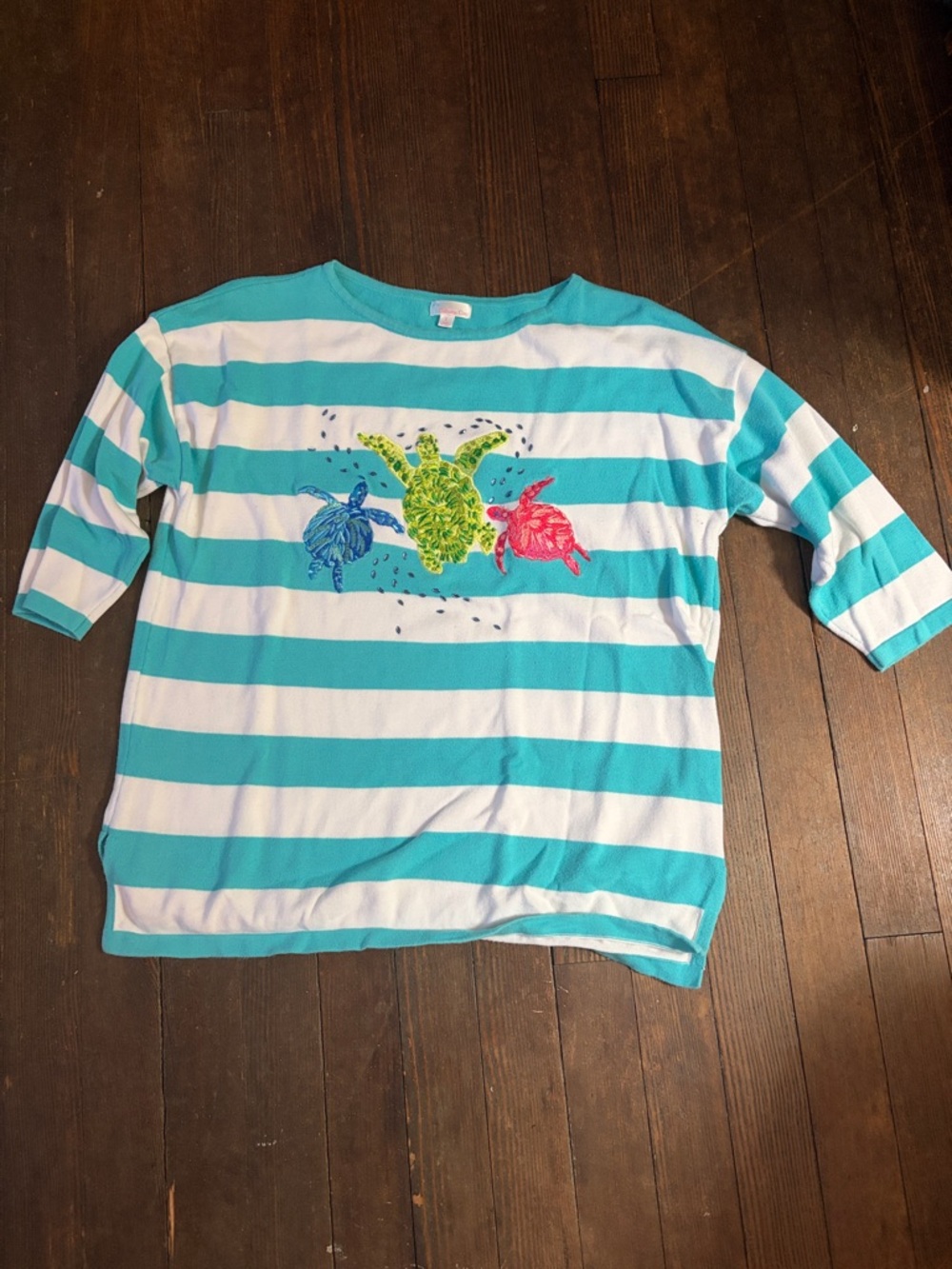 Striped Turquoise & White Women's Tee with Colorful Sea Turtle Embroidery